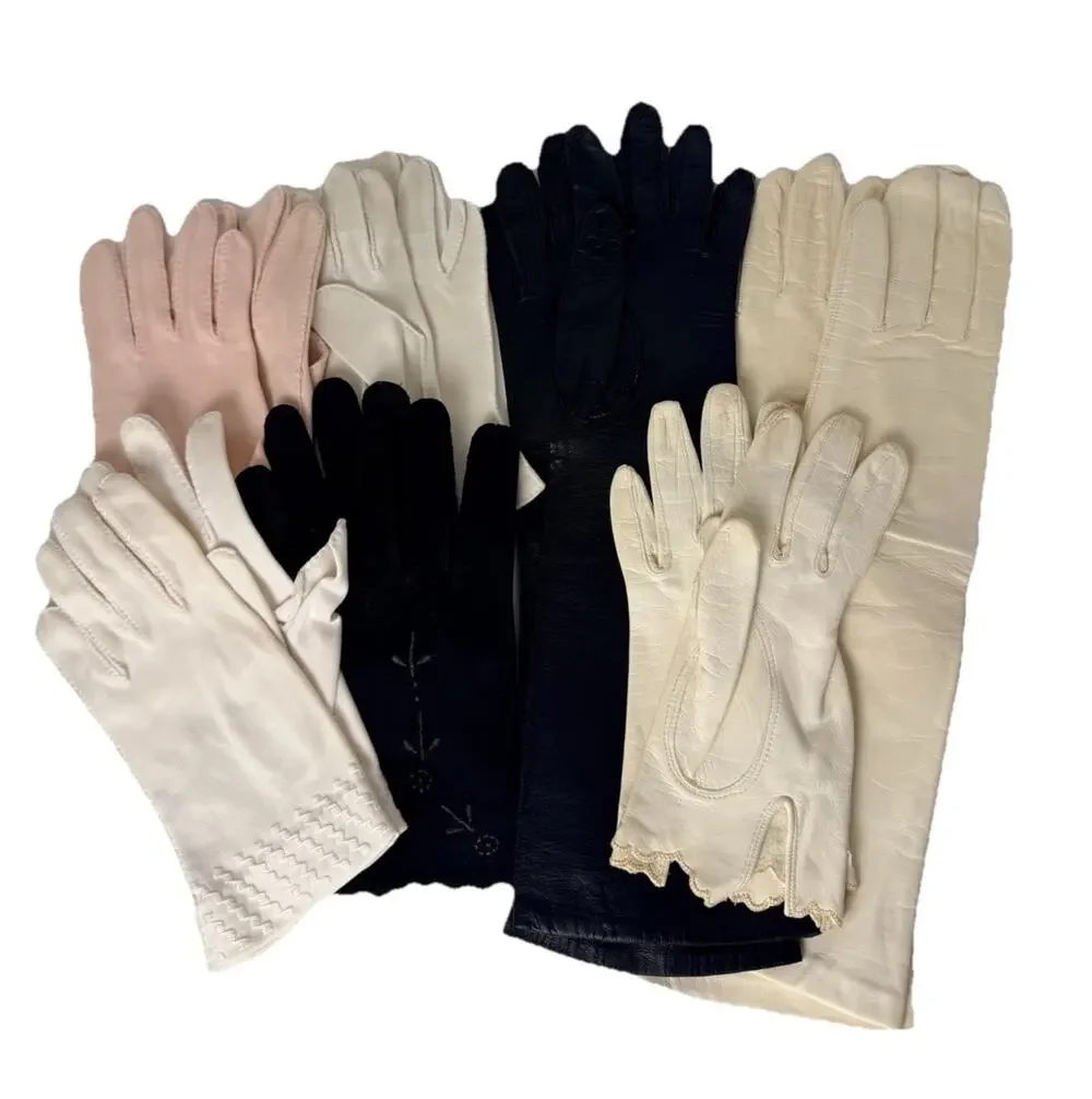 Vintage Ladies Gloves Lot 7 Pairs Leather/Cotton Sz 6 & 6.5 Black, White & Pink